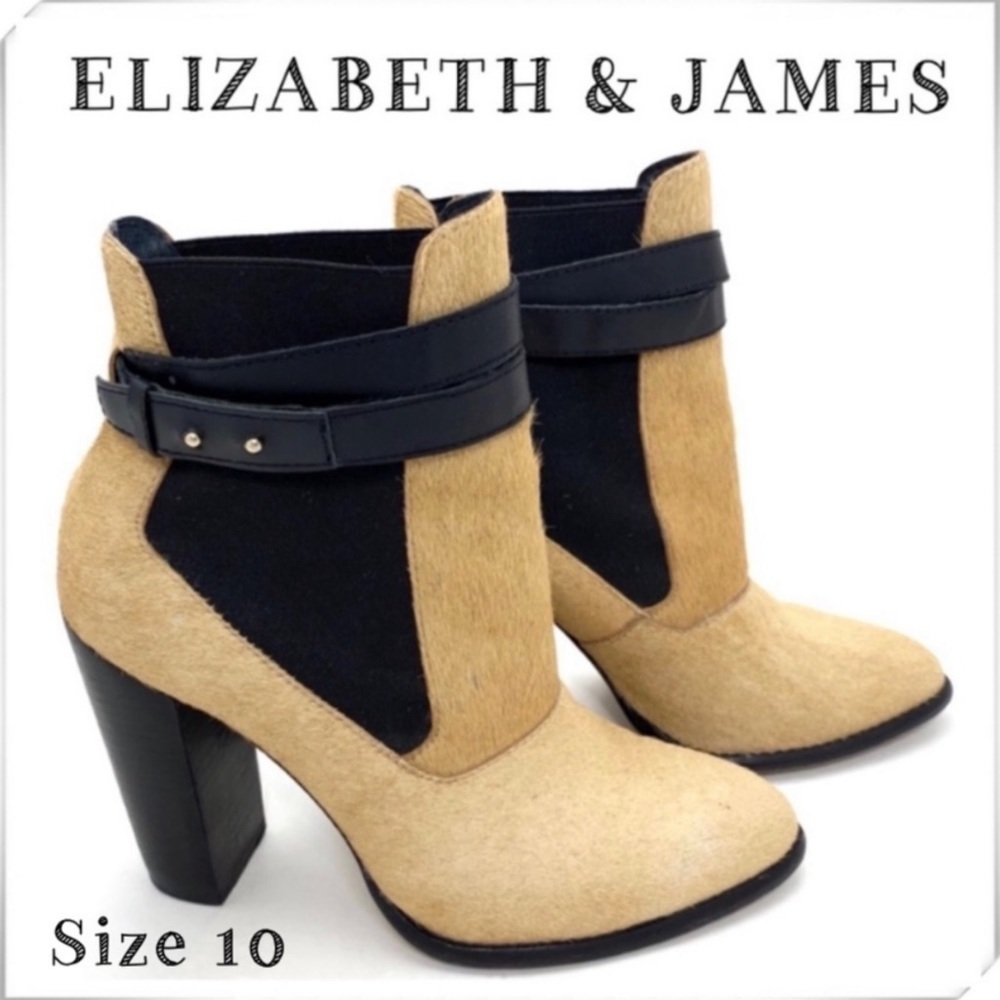 ELIZABETH and James Solar 1 Pony hair Pointed Toe Ankle Heel Bootie in Beige